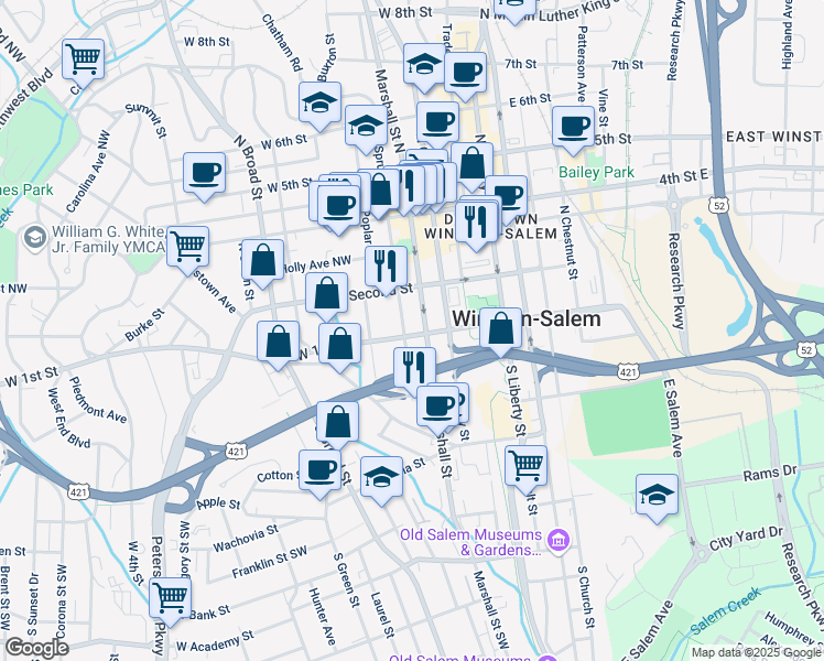 map of restaurants, bars, coffee shops, grocery stores, and more near 409 West 1st Street in Winston-Salem
