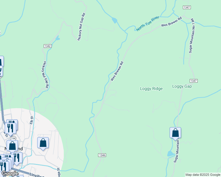 map of restaurants, bars, coffee shops, grocery stores, and more near 1312 Wes Brewer Road in Newland
