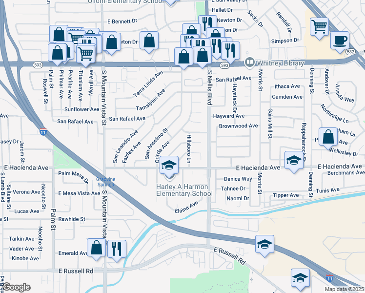 map of restaurants, bars, coffee shops, grocery stores, and more near 5170 Saratoga Drive in Las Vegas