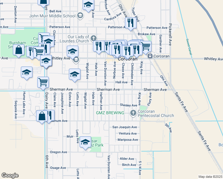 map of restaurants, bars, coffee shops, grocery stores, and more near 1116 Sherman Avenue in Corcoran