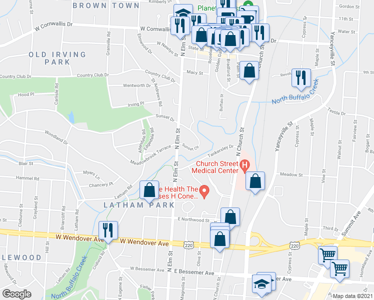 map of restaurants, bars, coffee shops, grocery stores, and more near 104 Sunset Circle in Greensboro
