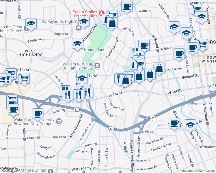 map of restaurants, bars, coffee shops, grocery stores, and more near 1211 Forsyth Street Northwest in Winston-Salem