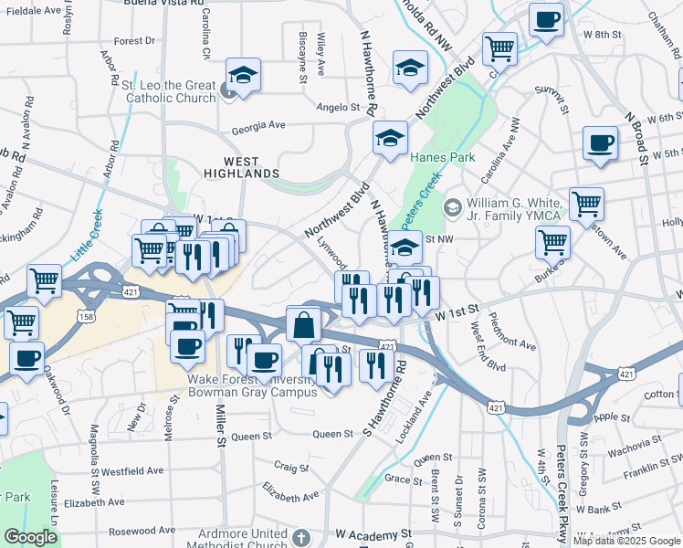 map of restaurants, bars, coffee shops, grocery stores, and more near 1604 Lynwood Avenue in Winston-Salem