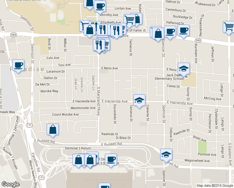 map of restaurants, bars, coffee shops, grocery stores, and more near 1444 E Hacienda Ave in Las Vegas
