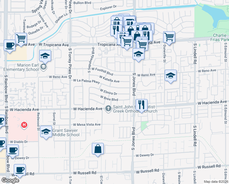 map of restaurants, bars, coffee shops, grocery stores, and more near 6244 West Elmira Drive in Las Vegas