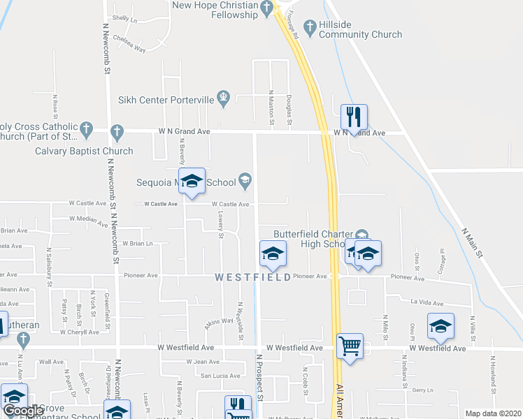 map of restaurants, bars, coffee shops, grocery stores, and more near 1584 North Prospect Street in Porterville