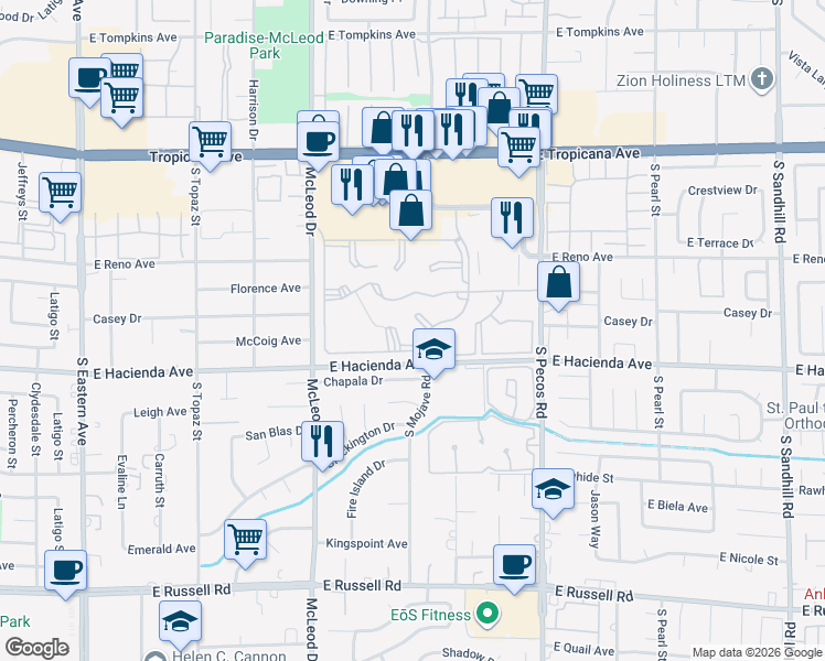 map of restaurants, bars, coffee shops, grocery stores, and more near 5261 Caspian Springs Drive in Las Vegas