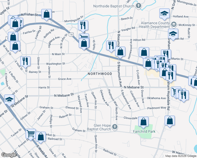 map of restaurants, bars, coffee shops, grocery stores, and more near 1225 Grace Avenue in Burlington
