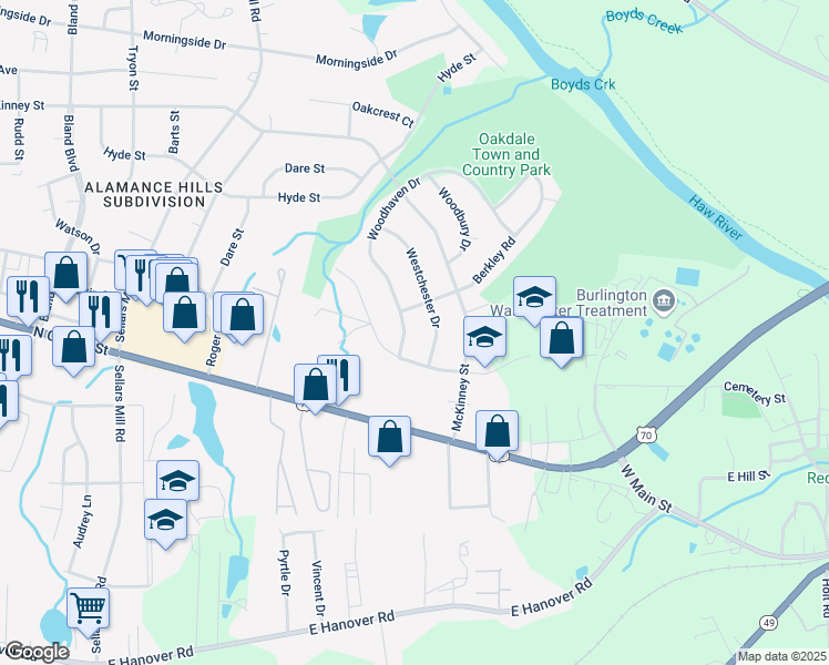 map of restaurants, bars, coffee shops, grocery stores, and more near 213 Woodhaven Drive in Burlington
