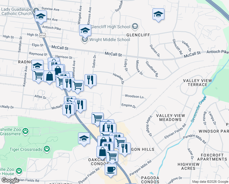 map of restaurants, bars, coffee shops, grocery stores, and more near 3704 Norma Drive in Nashville