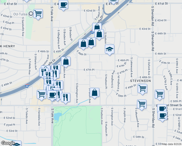 map of restaurants, bars, coffee shops, grocery stores, and more near 5358 East 47th Place in Tulsa