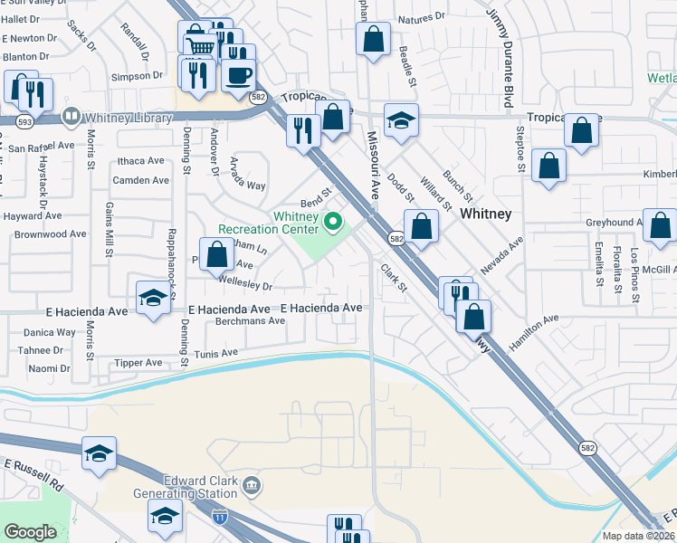 map of restaurants, bars, coffee shops, grocery stores, and more near 5701 Missouri Avenue in Las Vegas