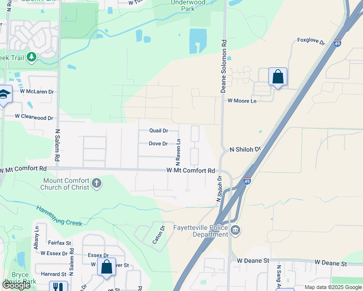 map of restaurants, bars, coffee shops, grocery stores, and more near 2338 North Raven Lane in Fayetteville