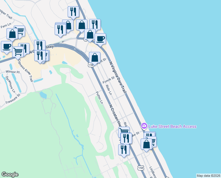 map of restaurants, bars, coffee shops, grocery stores, and more near 5016 Lindbergh Avenue in Kitty Hawk