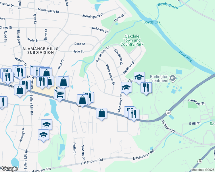 map of restaurants, bars, coffee shops, grocery stores, and more near 213 Woodhaven Drive in Burlington