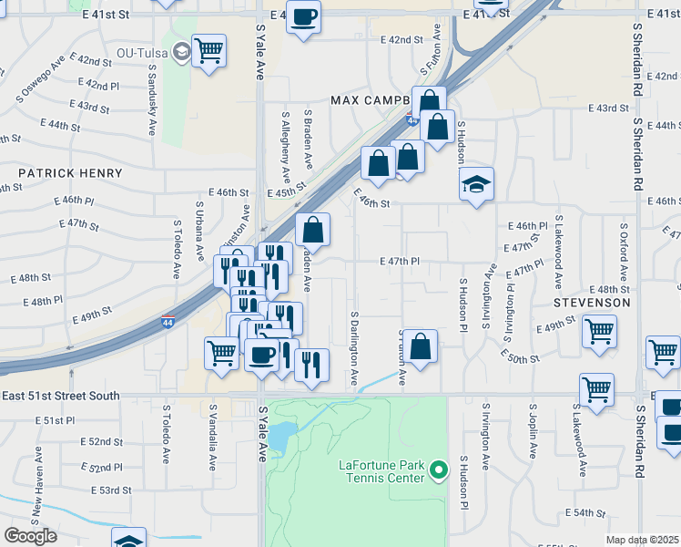 map of restaurants, bars, coffee shops, grocery stores, and more near 5214 East 47th Place in Tulsa