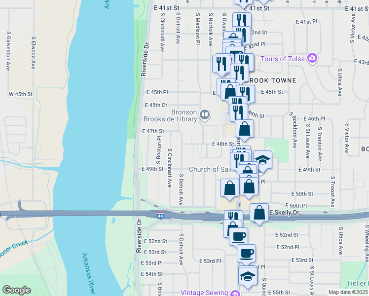map of restaurants, bars, coffee shops, grocery stores, and more near 4807 South Detroit Avenue in Tulsa