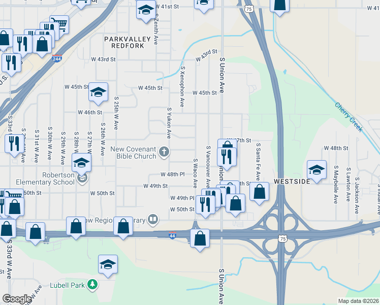 map of restaurants, bars, coffee shops, grocery stores, and more near 1926 West 47th Place in Tulsa
