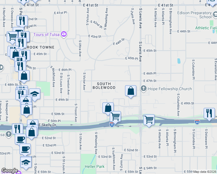 map of restaurants, bars, coffee shops, grocery stores, and more near 2122 East 47th Place in Tulsa
