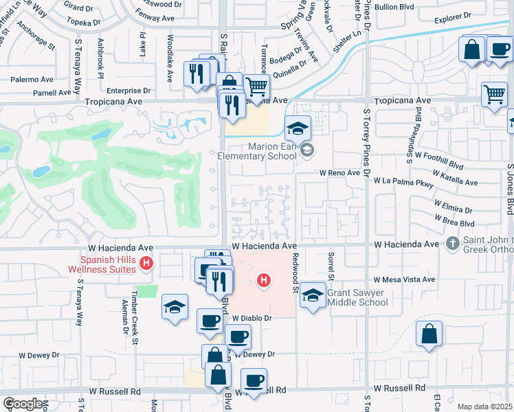 map of restaurants, bars, coffee shops, grocery stores, and more near 5250 South Rainbow Boulevard in Las Vegas