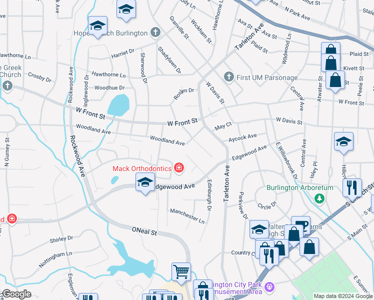 map of restaurants, bars, coffee shops, grocery stores, and more near 721 Edinburgh Court in Burlington