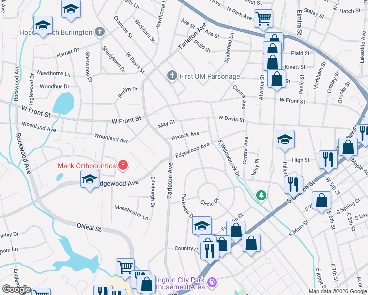 map of restaurants, bars, coffee shops, grocery stores, and more near 1203 Edgewood Avenue in Burlington