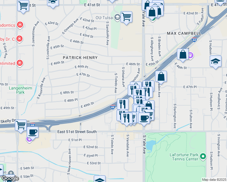map of restaurants, bars, coffee shops, grocery stores, and more near 4740 South Toledo Avenue in Tulsa