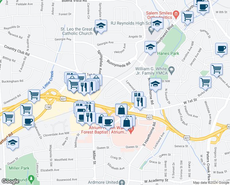 map of restaurants, bars, coffee shops, grocery stores, and more near 1937 Hinshaw Avenue Southwest in Winston-Salem