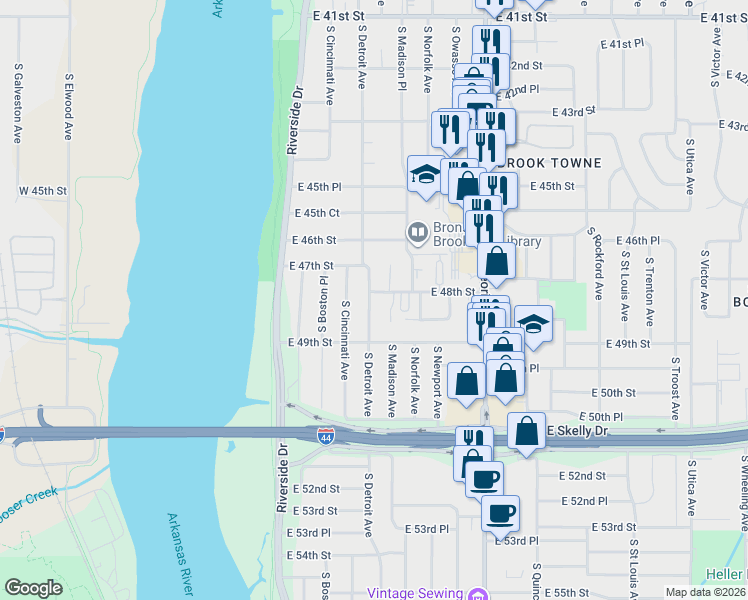 map of restaurants, bars, coffee shops, grocery stores, and more near 4807 South Detroit Avenue in Tulsa