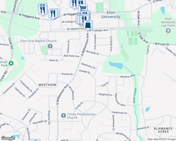 map of restaurants, bars, coffee shops, grocery stores, and more near 121 Orange Drive in Elon