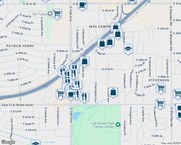 map of restaurants, bars, coffee shops, grocery stores, and more near 5216 East 47th Place in Tulsa