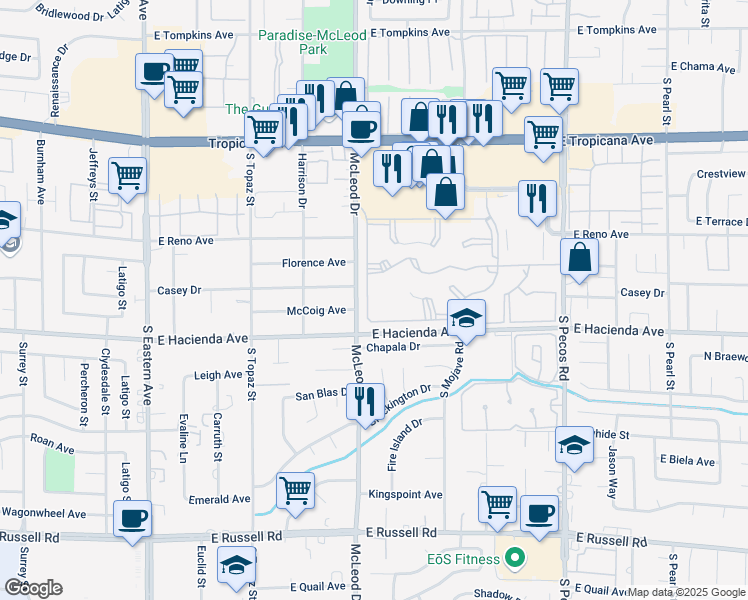 map of restaurants, bars, coffee shops, grocery stores, and more near 5222 Mandalay Springs Drive in Las Vegas