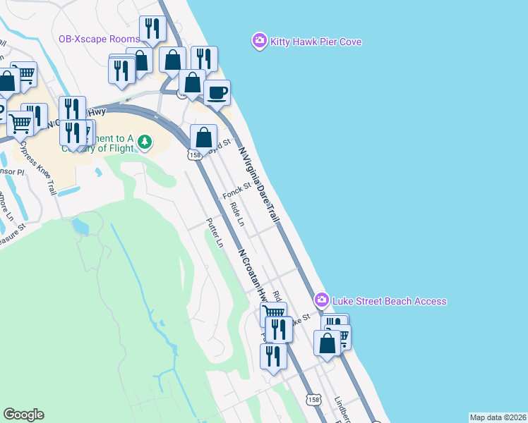 map of restaurants, bars, coffee shops, grocery stores, and more near 5010 North Virginia Dare Trail in Kitty Hawk