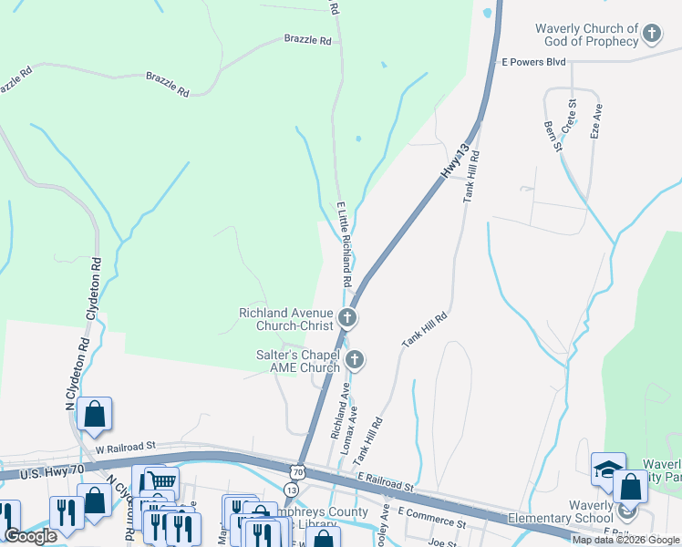 map of restaurants, bars, coffee shops, grocery stores, and more near 302 West Richland Avenue in Waverly