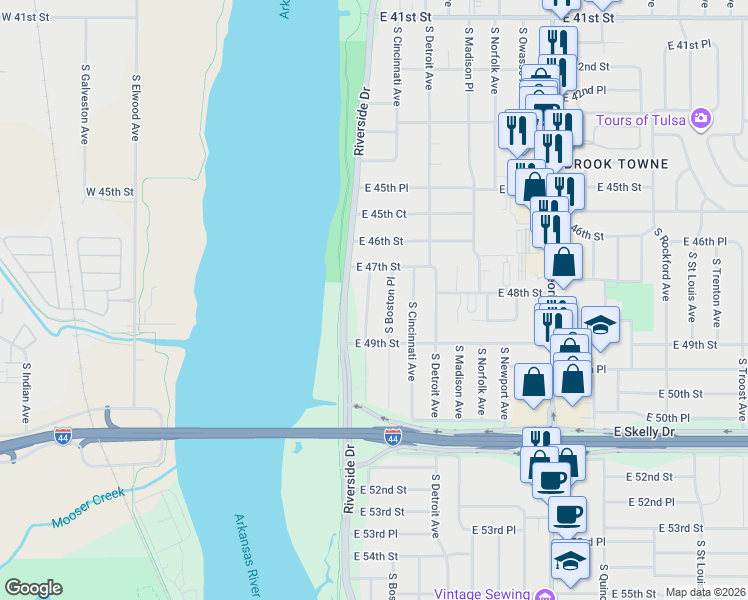 map of restaurants, bars, coffee shops, grocery stores, and more near 4731 South Boston Avenue in Tulsa