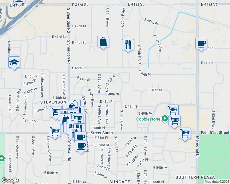 map of restaurants, bars, coffee shops, grocery stores, and more near 7025 East 48th Street in Tulsa