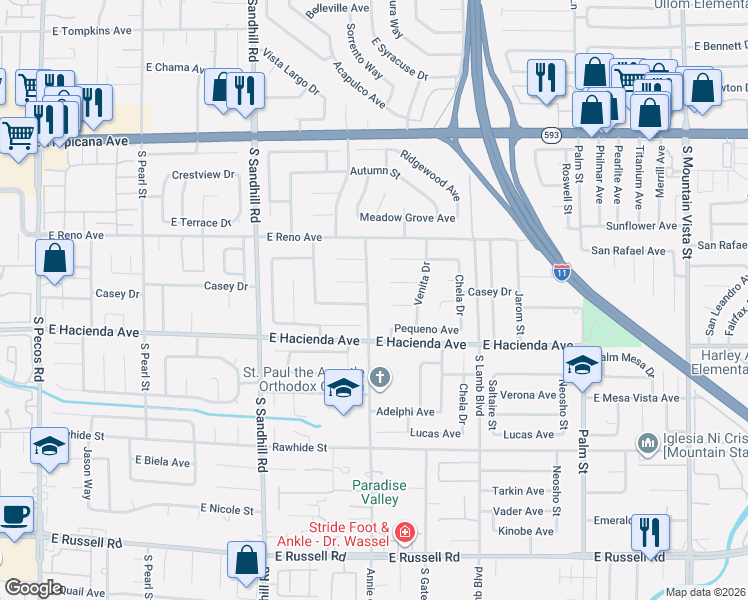 map of restaurants, bars, coffee shops, grocery stores, and more near 5214 Annie Oakley Drive in Las Vegas