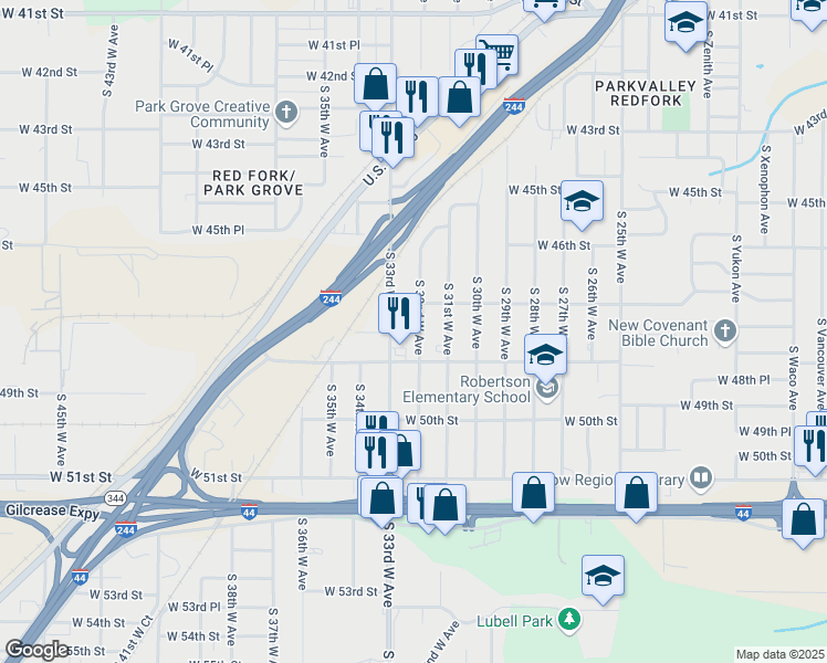 map of restaurants, bars, coffee shops, grocery stores, and more near 4726 South 32nd West Avenue in Tulsa