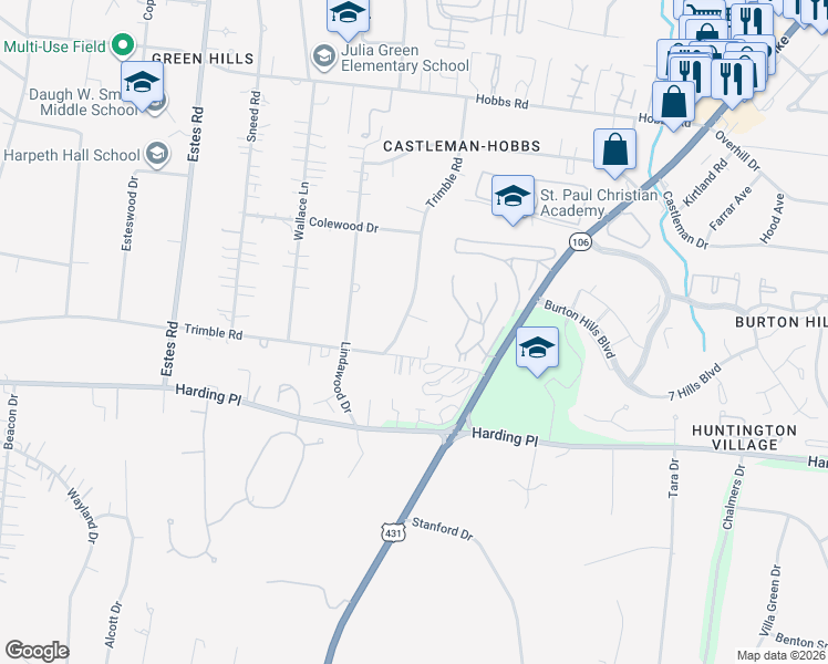 map of restaurants, bars, coffee shops, grocery stores, and more near 3536 Trimble Road in Nashville