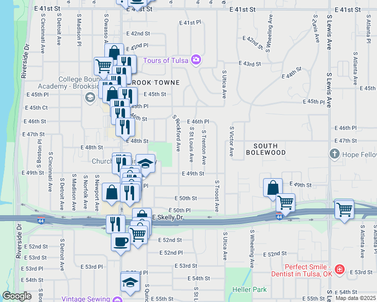 map of restaurants, bars, coffee shops, grocery stores, and more near 4672 South Saint Louis Avenue in Tulsa