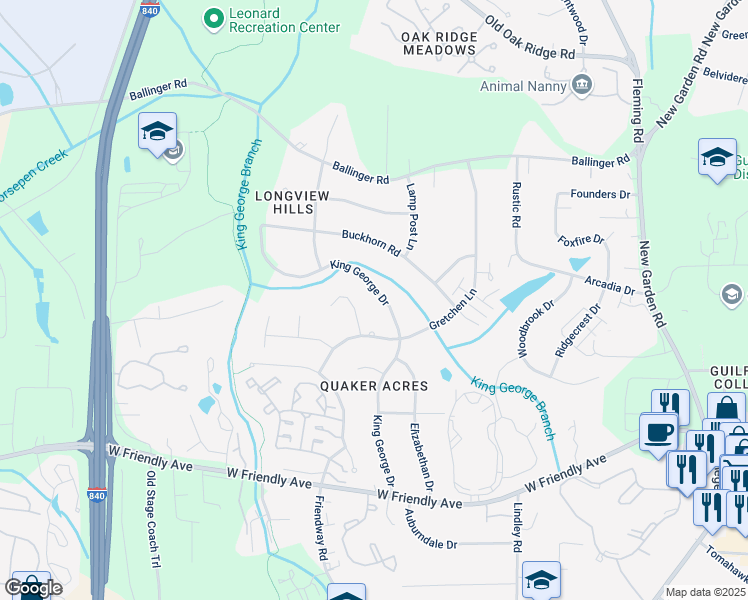 map of restaurants, bars, coffee shops, grocery stores, and more near 1211 King George Drive in Greensboro