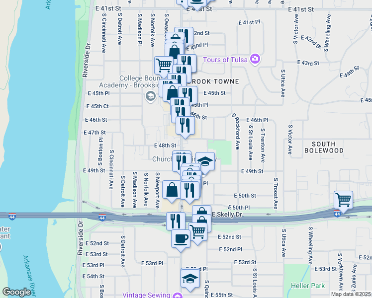 map of restaurants, bars, coffee shops, grocery stores, and more near 4802 South Peoria Avenue in Tulsa