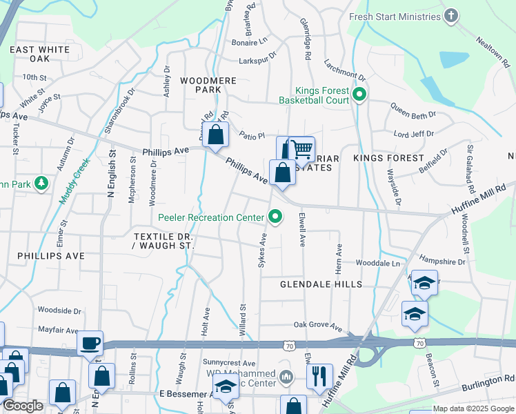 map of restaurants, bars, coffee shops, grocery stores, and more near 1217 Sykes Avenue in Greensboro