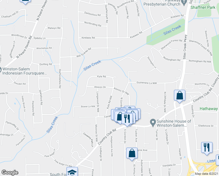 map of restaurants, bars, coffee shops, grocery stores, and more near 4110 Alonzo Drive in Winston-Salem