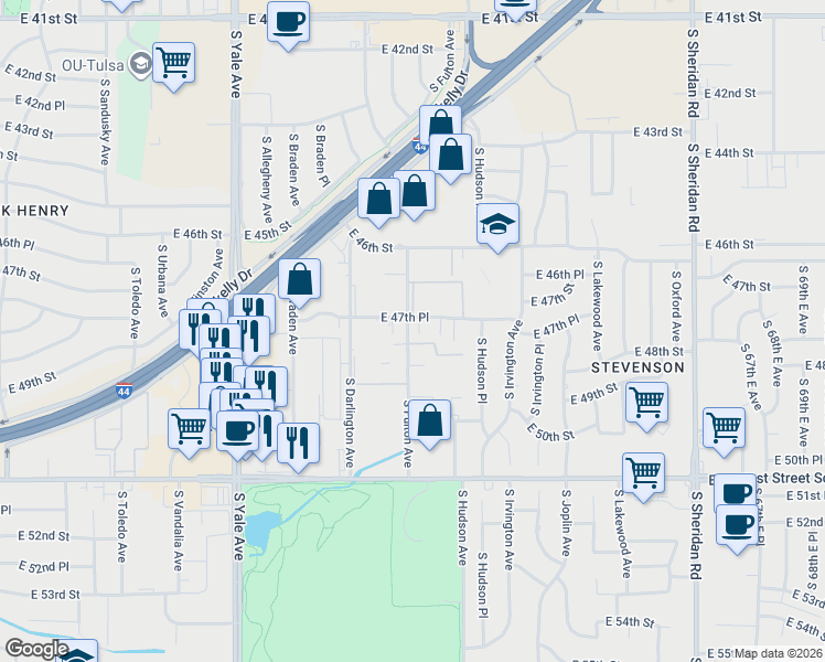 map of restaurants, bars, coffee shops, grocery stores, and more near 5358 East 47th Place in Tulsa