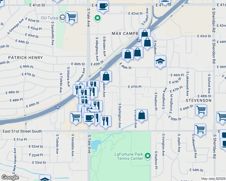 map of restaurants, bars, coffee shops, grocery stores, and more near 5216 East 47th Place in Tulsa
