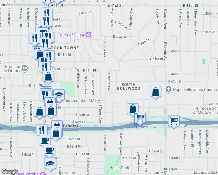 map of restaurants, bars, coffee shops, grocery stores, and more near 4671 South Troost Avenue in Tulsa