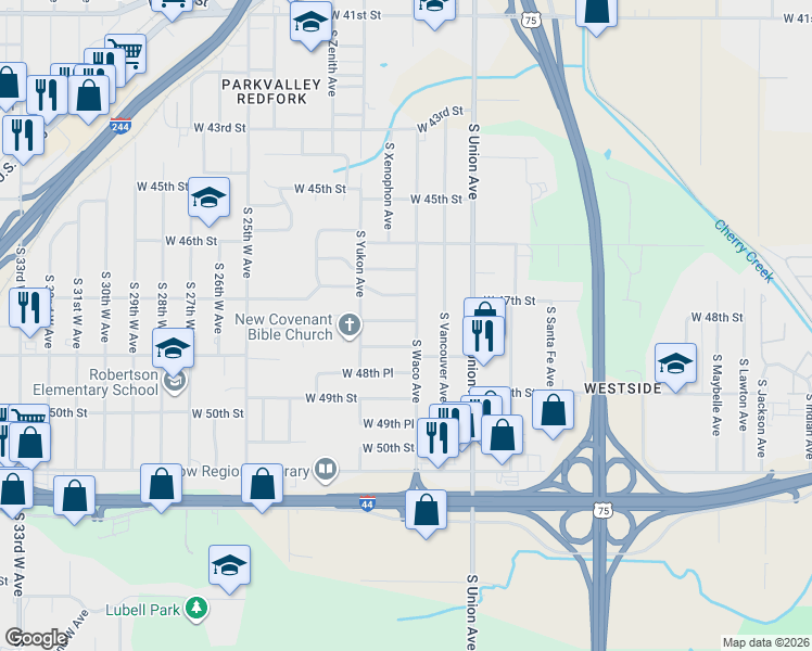 map of restaurants, bars, coffee shops, grocery stores, and more near 1926 West 47th Place in Tulsa