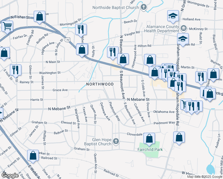 map of restaurants, bars, coffee shops, grocery stores, and more near 410 Piedmont Way in Burlington