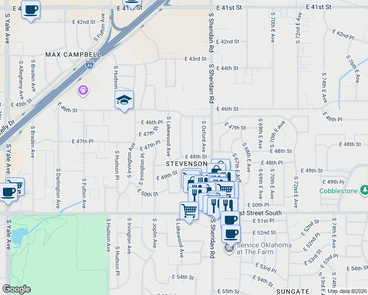 map of restaurants, bars, coffee shops, grocery stores, and more near 4669 South Maplewood Avenue in Tulsa